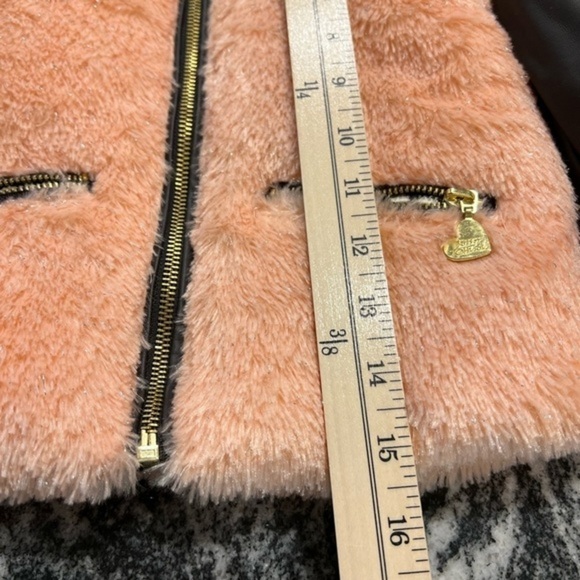 Betsey Johnson Fuzzy Sparkly Peach Coat with Faux Leather Sleeves - Picture 13 of 15